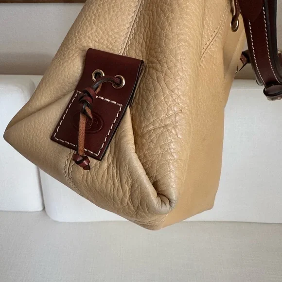 Vintage Dooney & Bourke Tan and Brown Leather Drawstring Bucket Bag